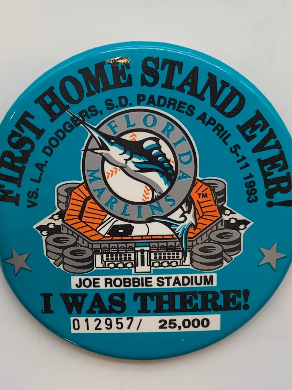 VTG Florida Marlins First Home Stand Dodgers Padres Joe Robbie Pinback Button